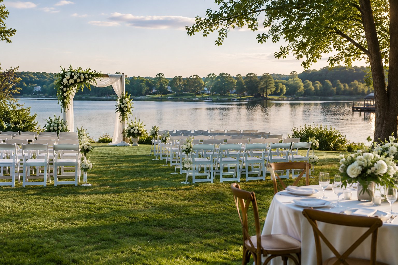 A wedding ceremony setup on a lawn beside a calm lake.