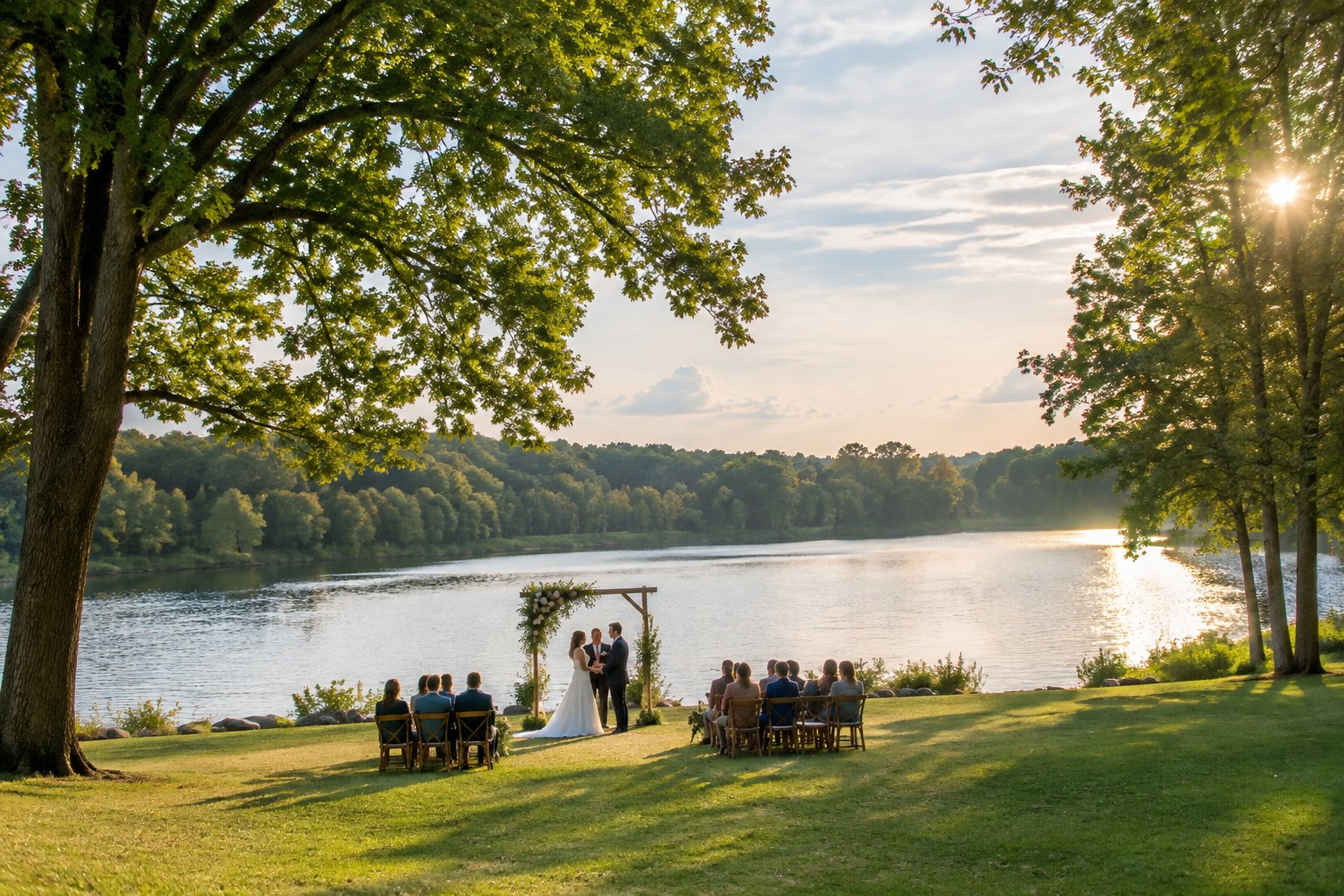A couple exchanges vows beside a lake in a wooded park.