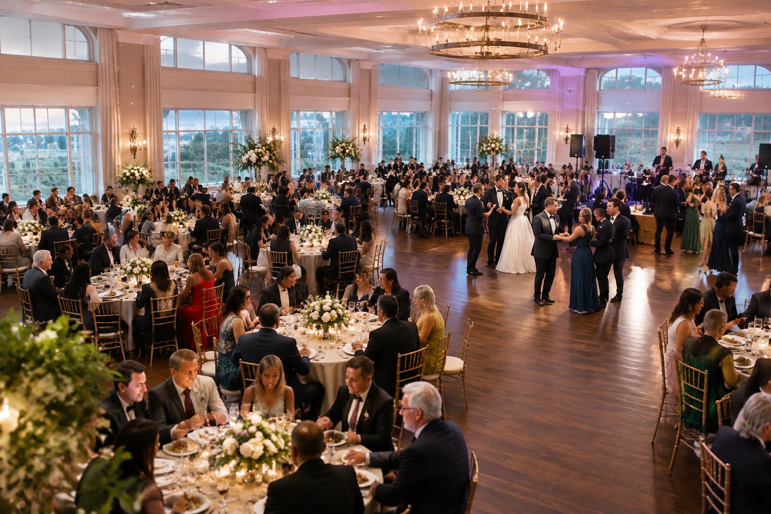 A newlywed couple celebrates with a large gathering of guests at a wedding reception.