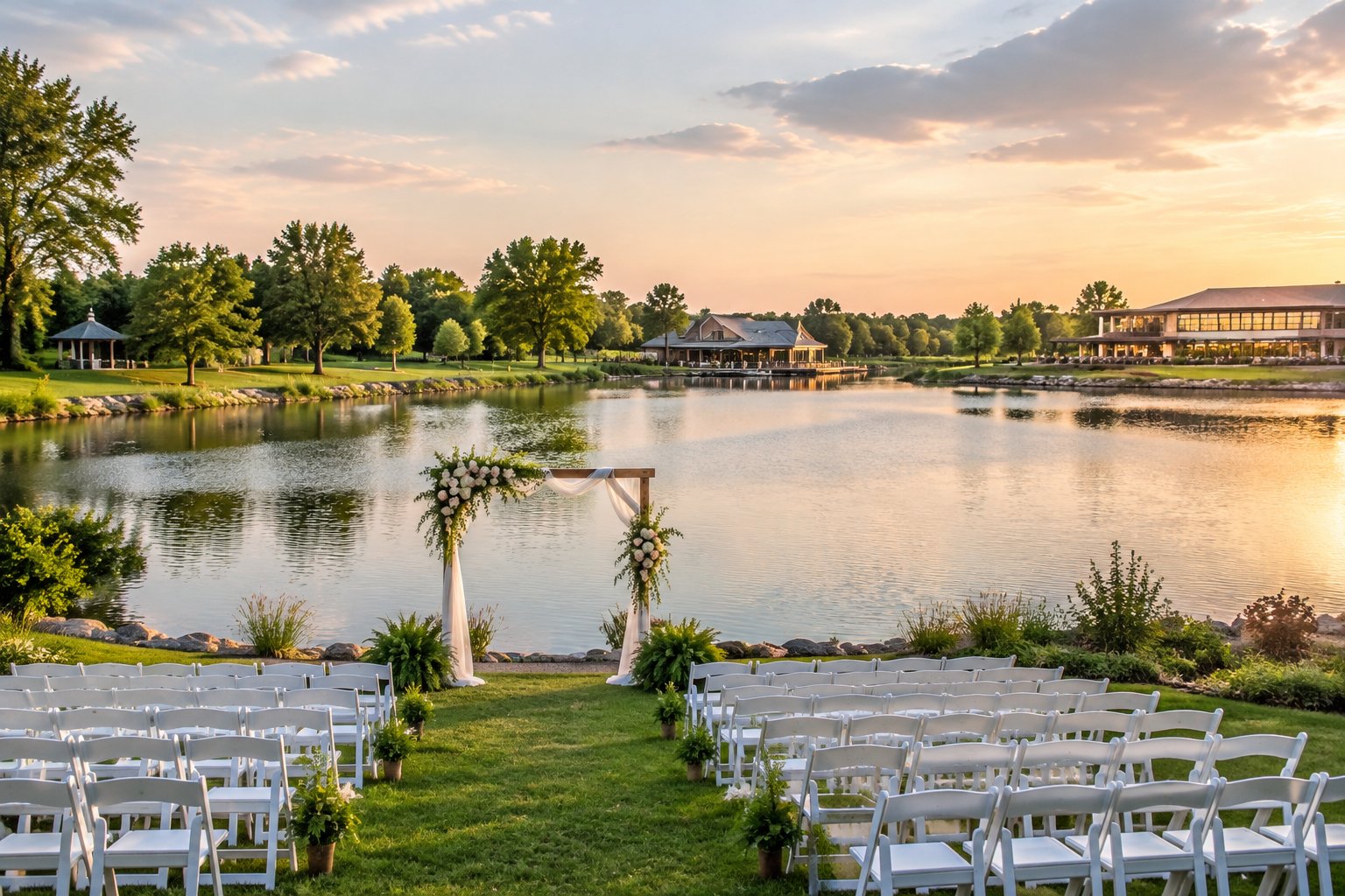 A lakeside wedding ceremony setup beside a park, private venue, and banquet hall.
