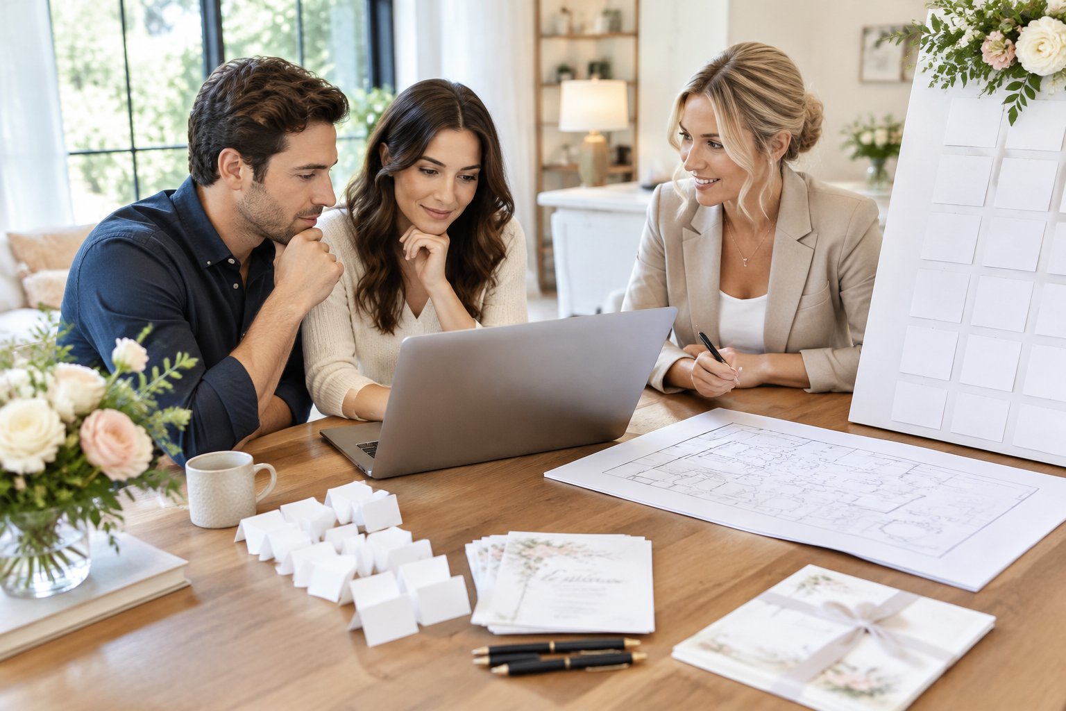 A couple and wedding planner review guest-list and seating materials at a table.