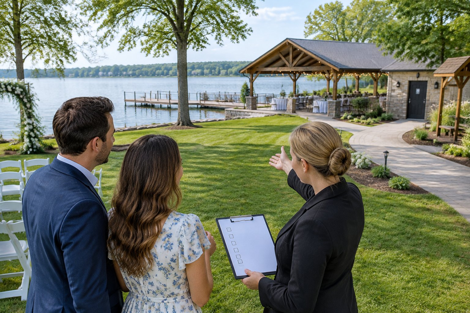 A couple and venue coordinator inspect a lakeside wedding venue beside a reception pavilion.