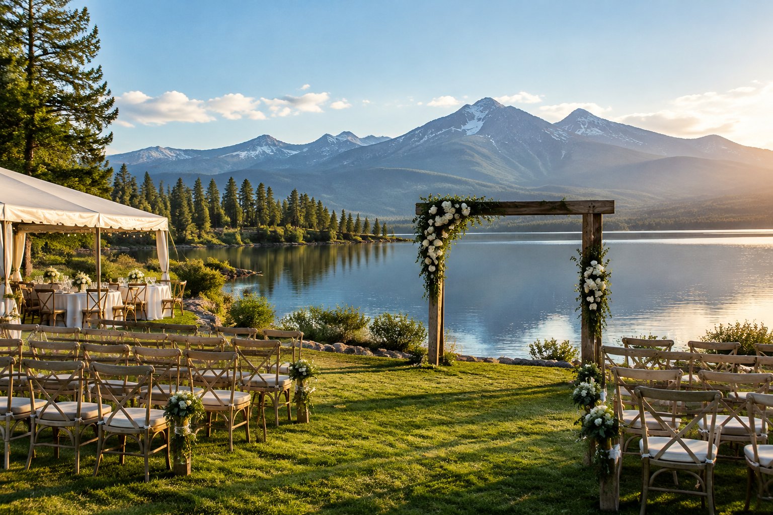A decorated outdoor wedding ceremony beside a lake with mountains in the distance.