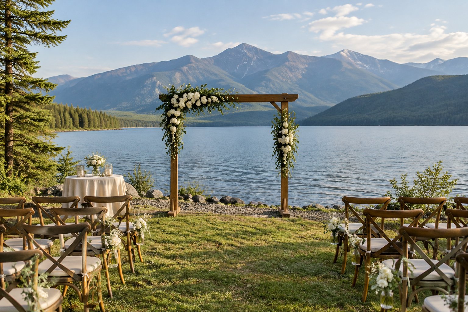 An outdoor wedding ceremony setup beside a lake with forested mountains in the distance.