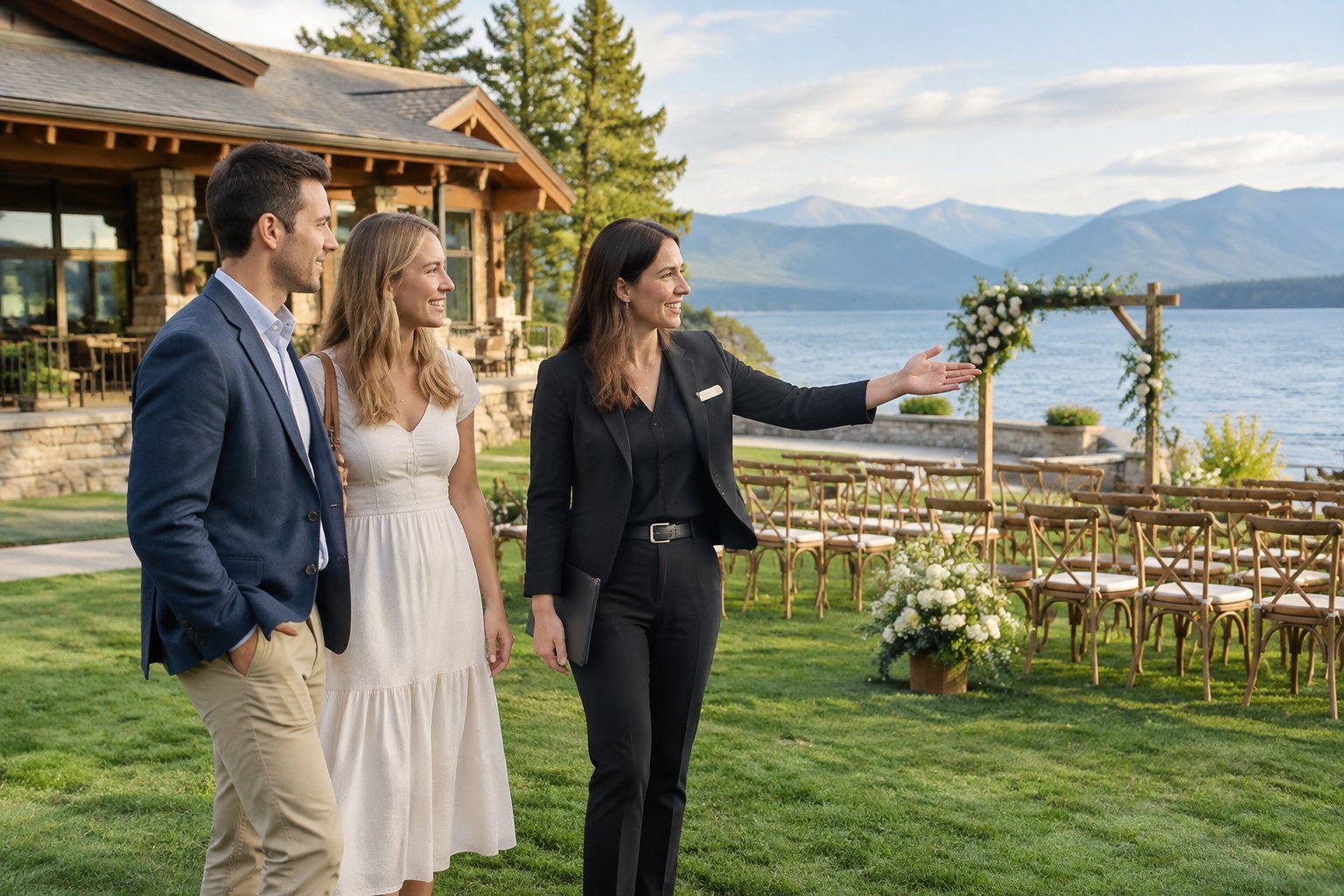 A couple tours a lakeside wedding venue with a coordinator beside Flathead Lake.