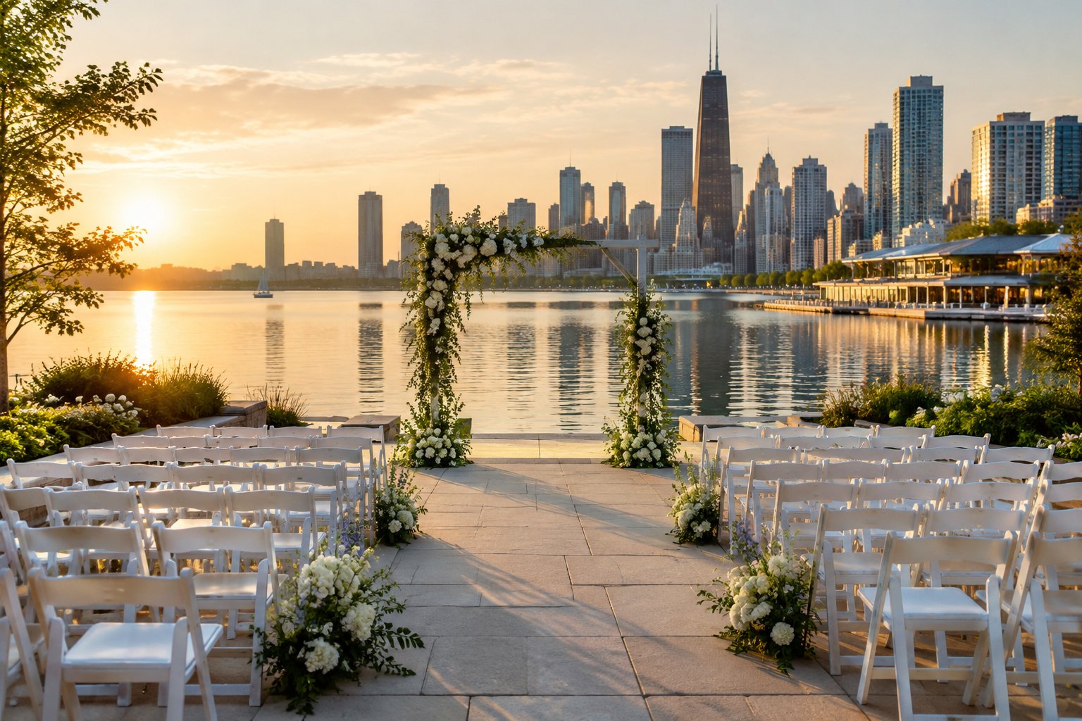A wedding ceremony setup beside a lake with downtown buildings in the background.