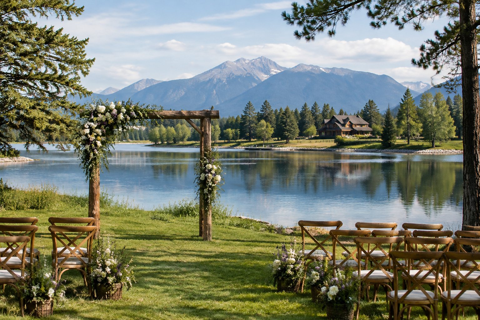 A rustic wedding ceremony setup beside a lake with mountains in the distance.