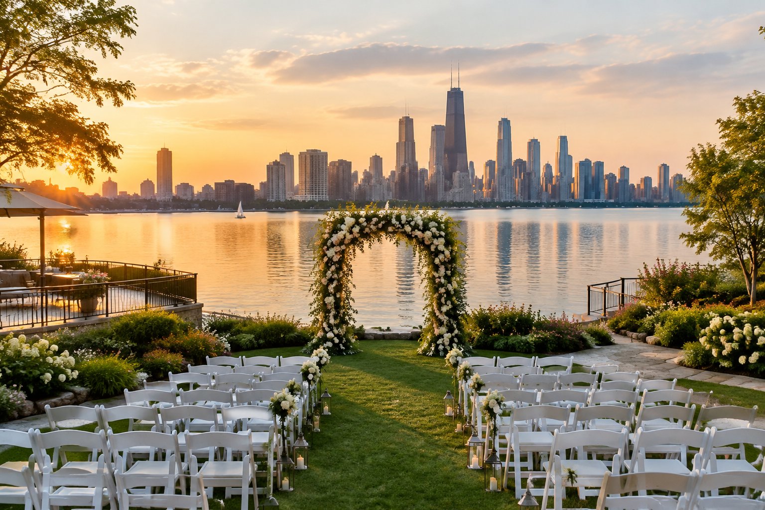 A lakeside wedding ceremony setup with a city skyline across the water.