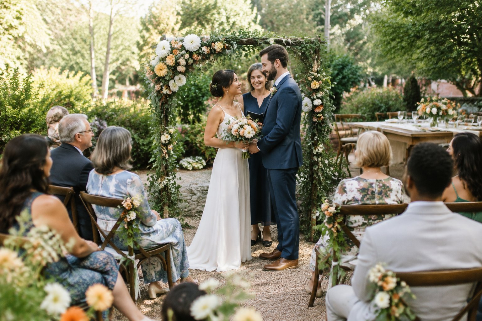 A couple celebrates their wedding with a small group of guests in a garden.