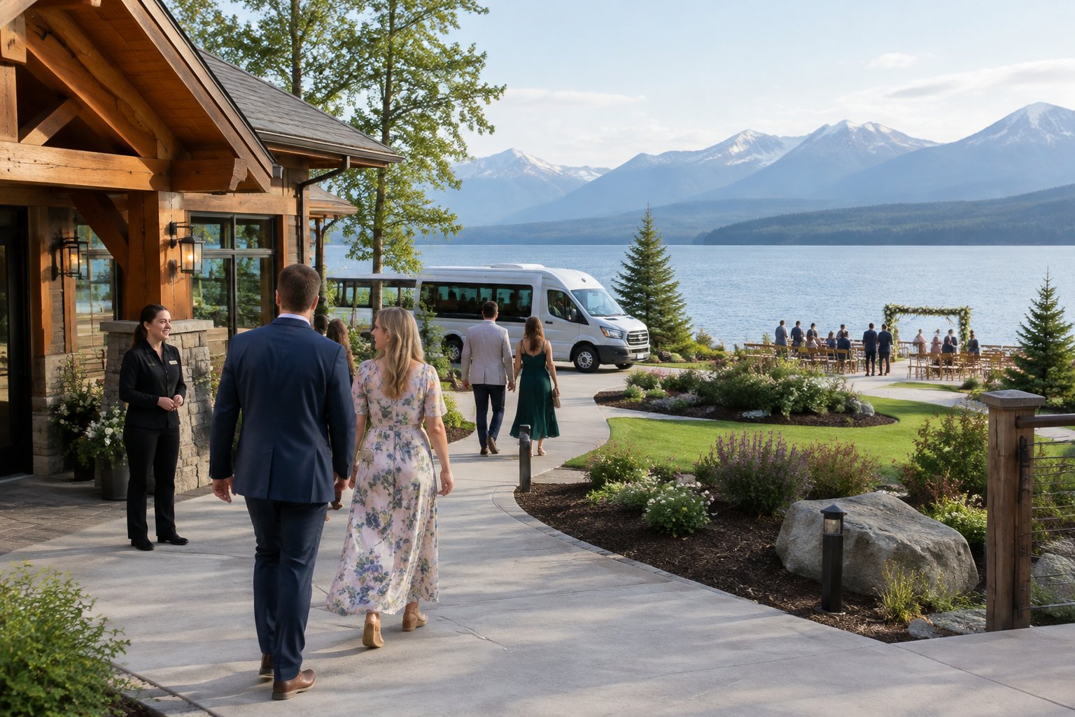Wedding guests walk along a path between a lakeside resort and a ceremony area.
