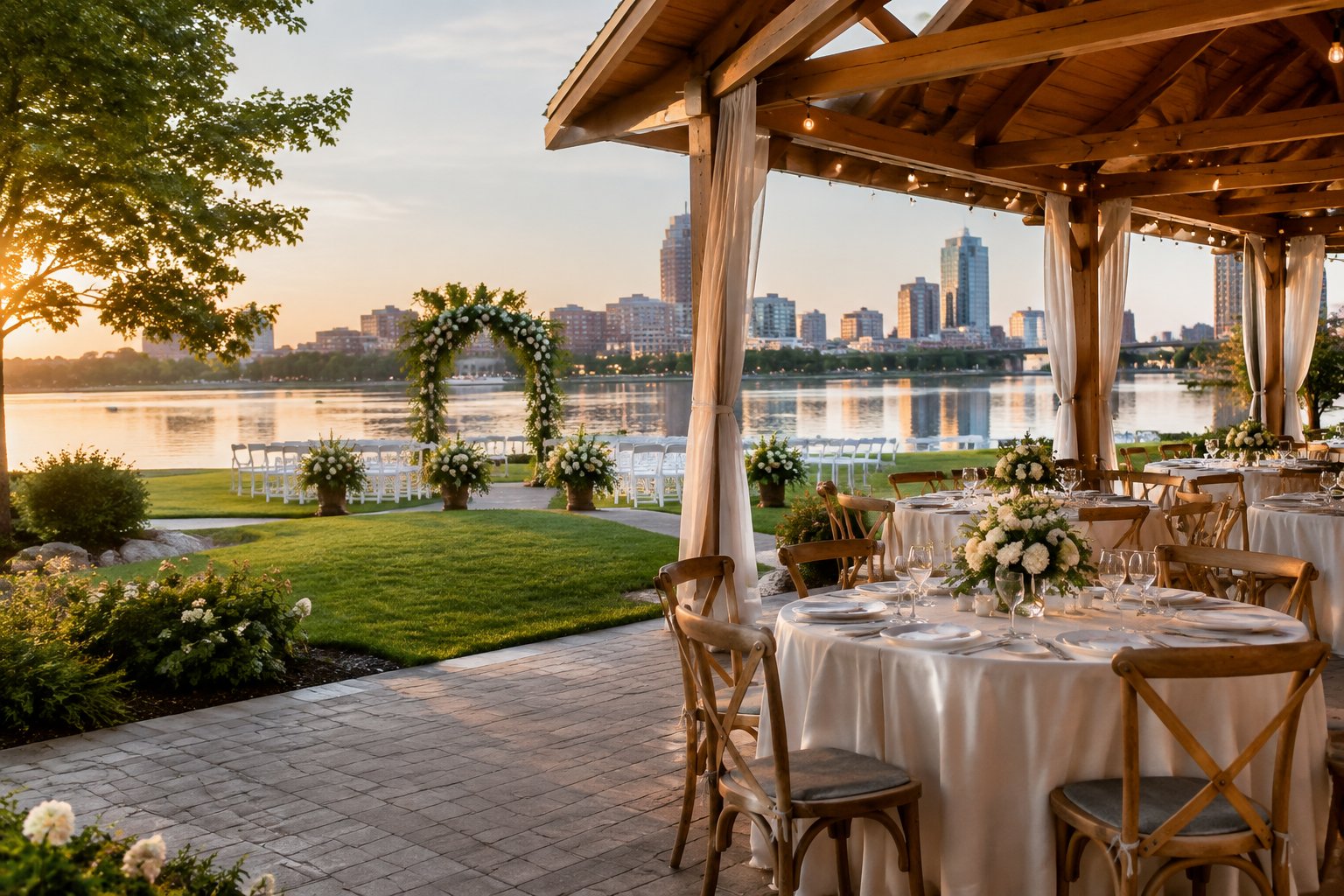 A decorated lakeside venue with wedding chairs, reception tables, and downtown buildings in the distance.