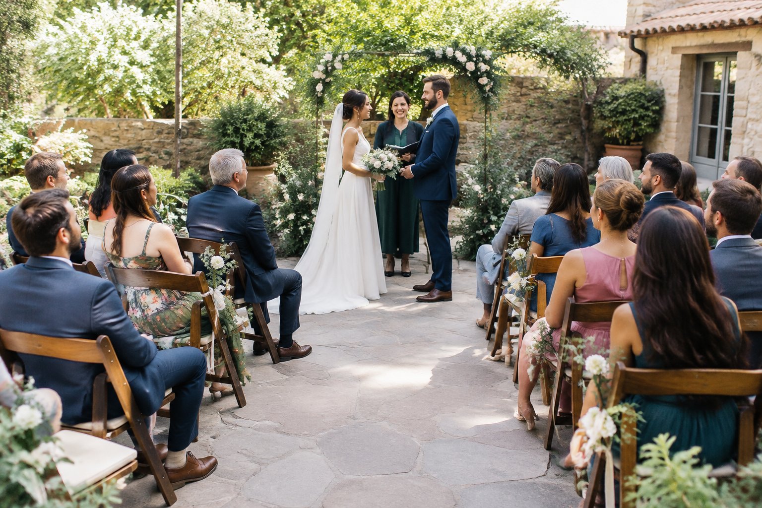 A couple at an outdoor wedding ceremony with a small group of guests seated nearby.