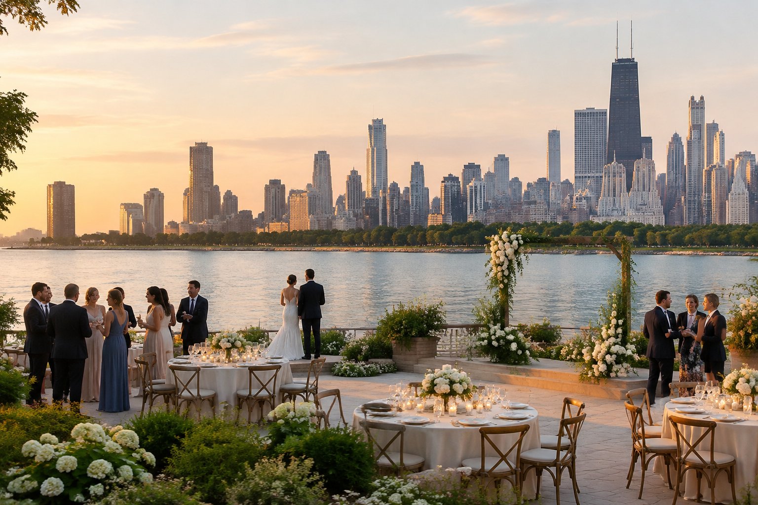 A wedding reception on a lakeside terrace with guests, a calm lake, and a downtown skyline.