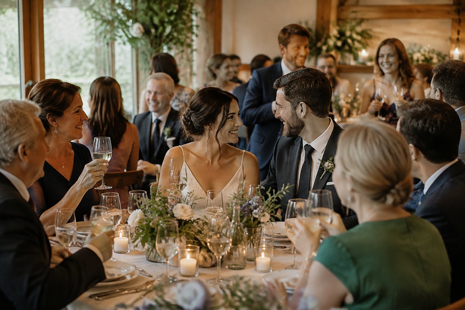 A newly married couple celebrates with family and friends at a small wedding reception.