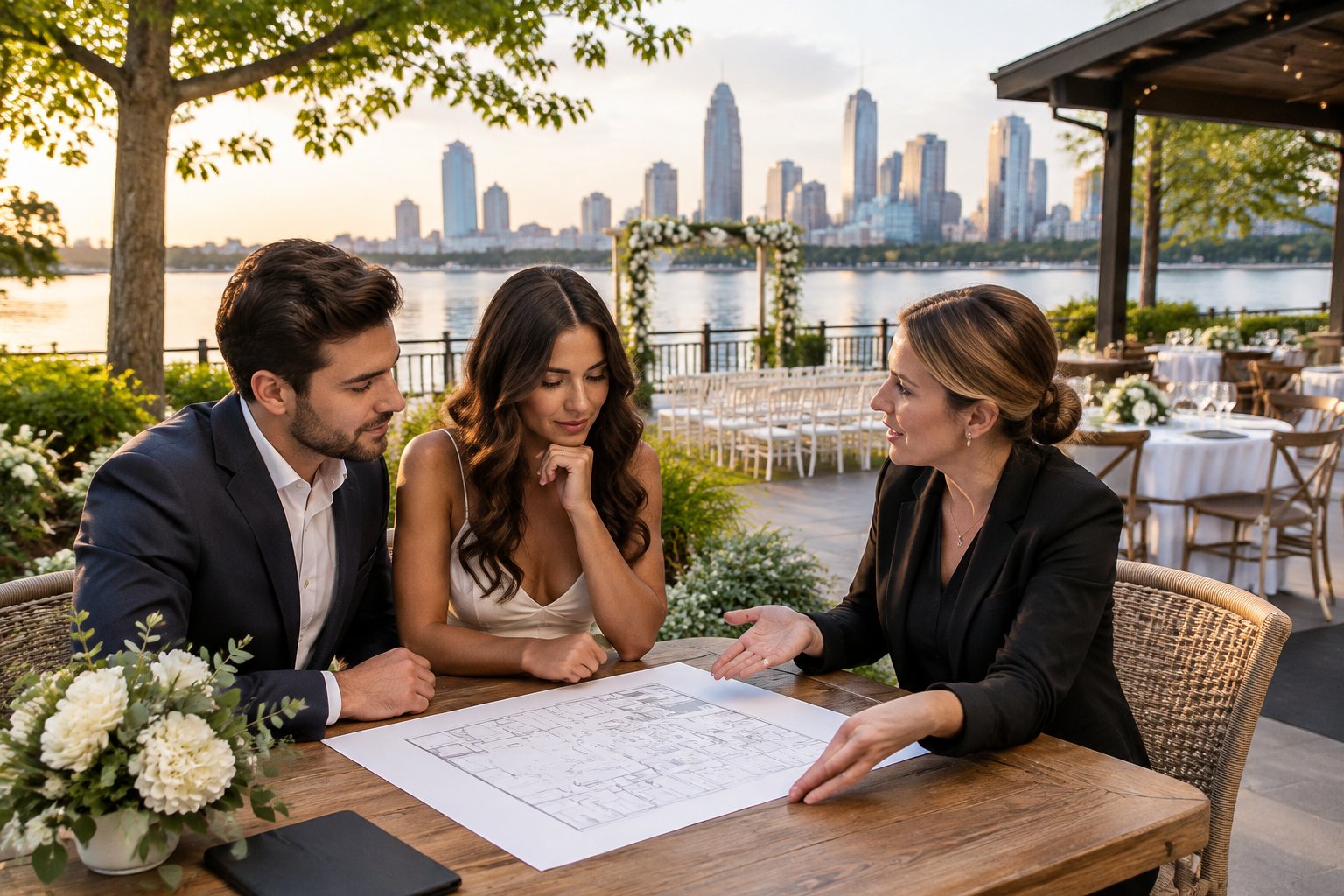 A couple discusses wedding plans with a venue coordinator on a terrace beside a downtown lake.