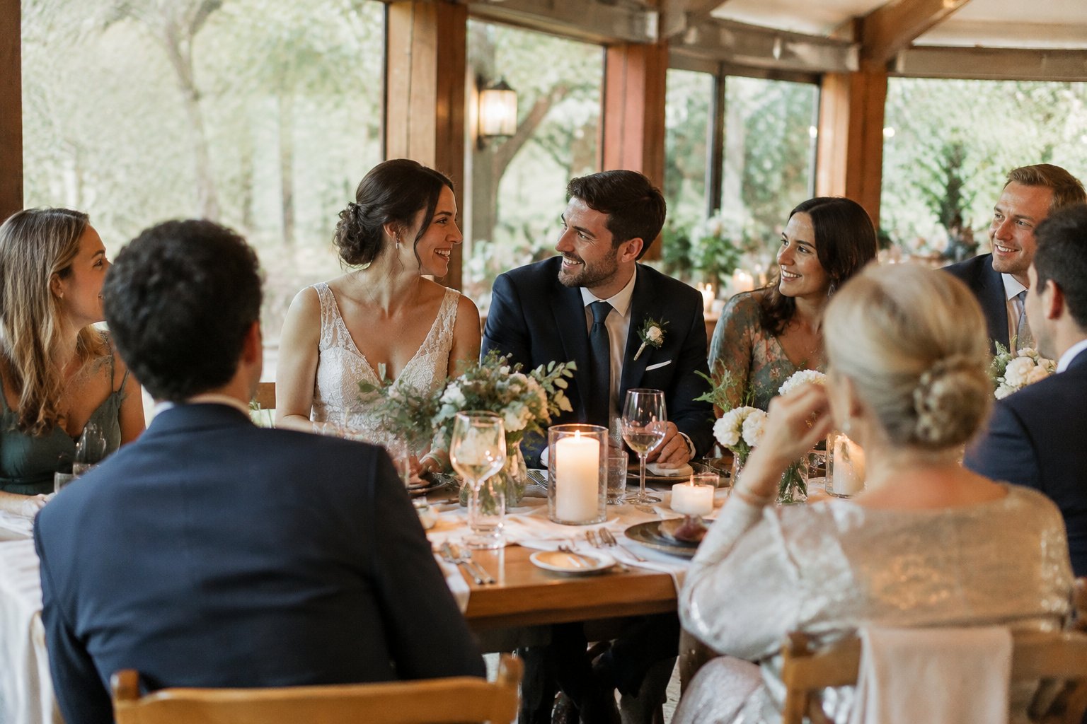 A newlywed couple celebrates with guests at an intimate wedding reception.