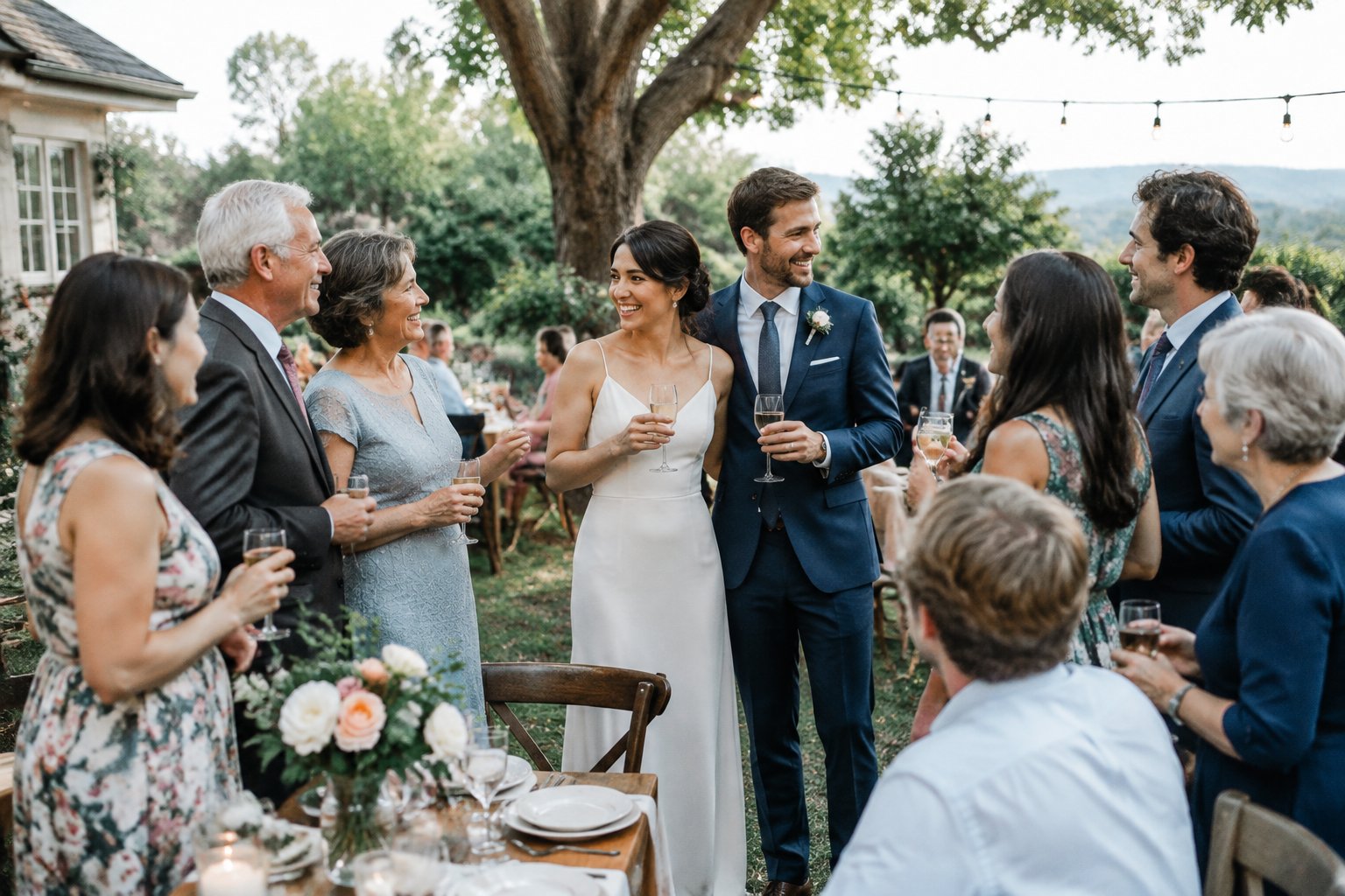 A newlywed couple celebrates with a small group of guests at a garden wedding reception.