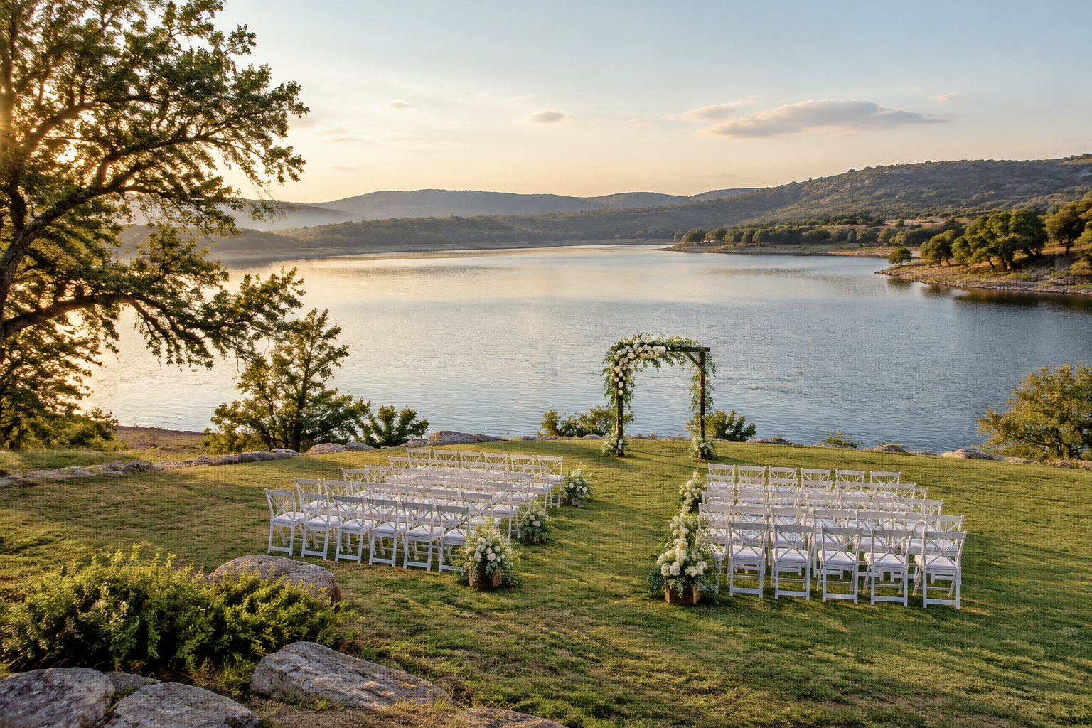 A wedding ceremony setup beside a calm lake with hills in the distance.