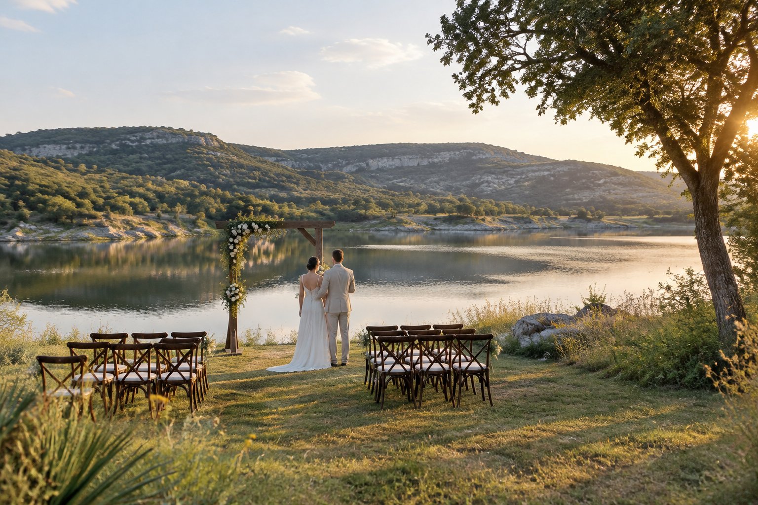 A couple stands beside a lakeside wedding ceremony setup with rolling hills in the background.