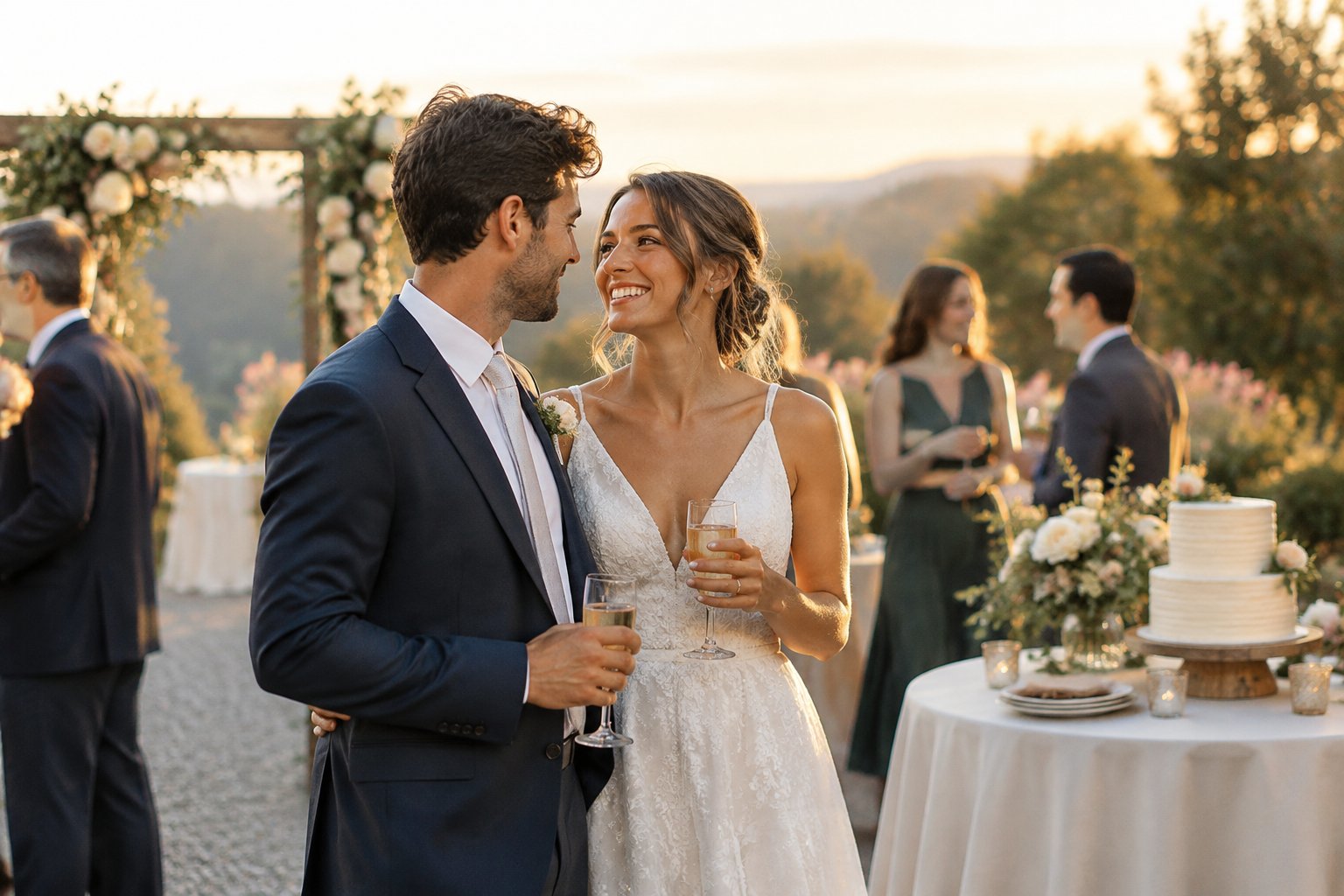 A newlywed couple shares a happy moment at an outdoor wedding reception.