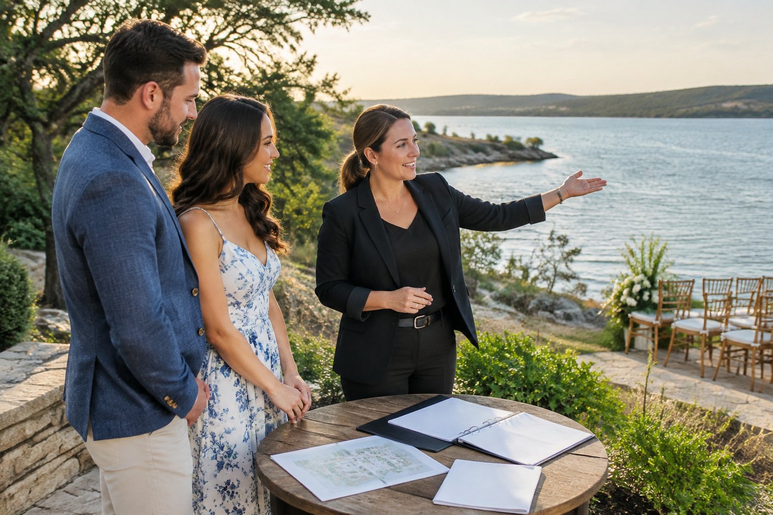 A couple reviews a lakeside wedding venue with a coordinator.
