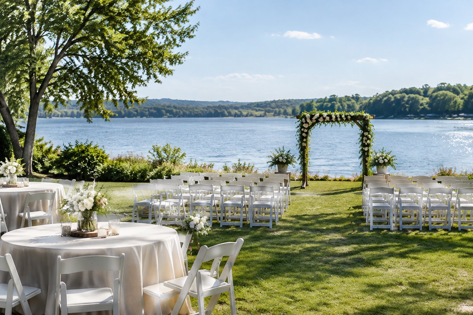 A wedding ceremony setup on a lawn beside a calm lake.
