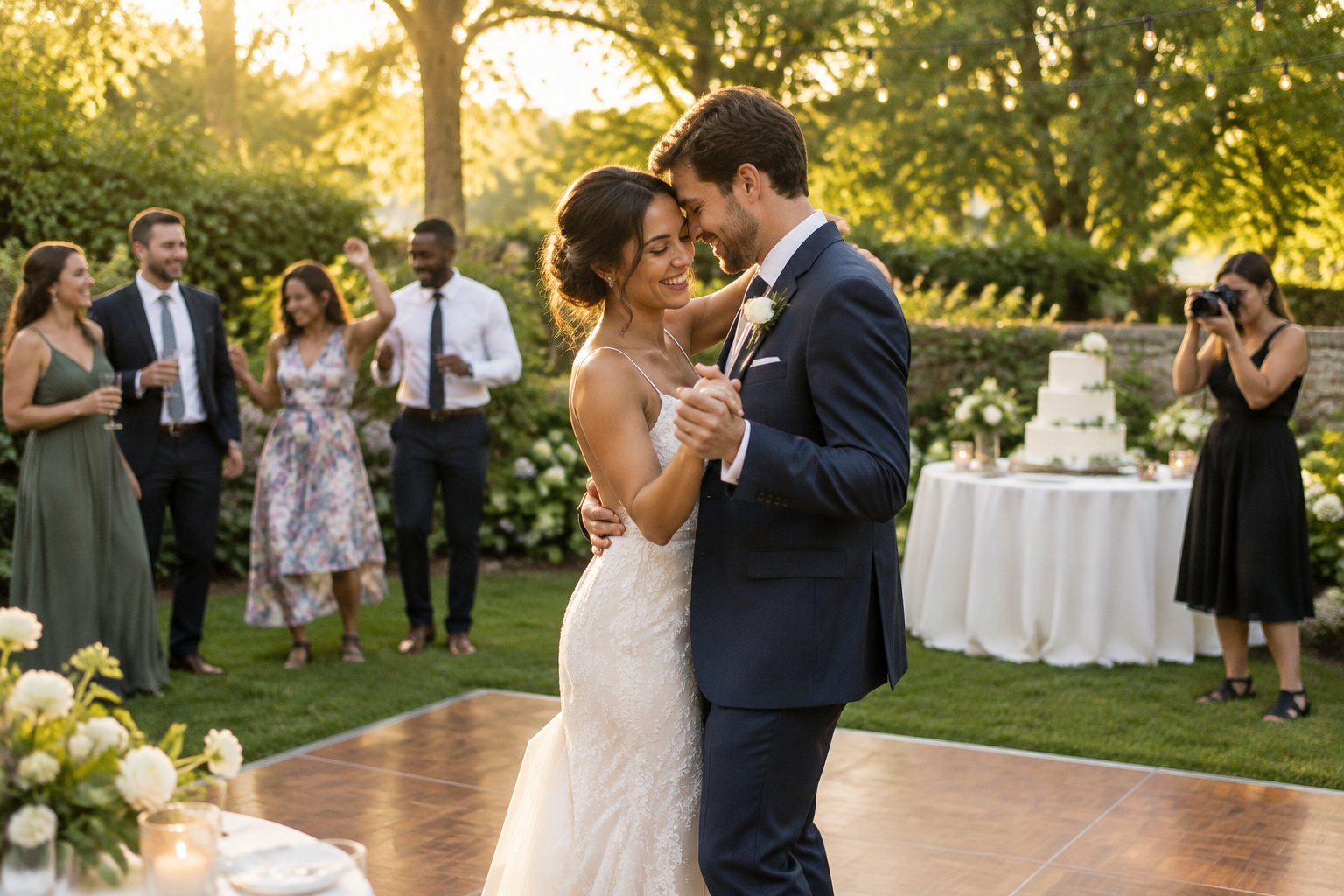 A newly married couple celebrates with guests at a garden wedding reception.