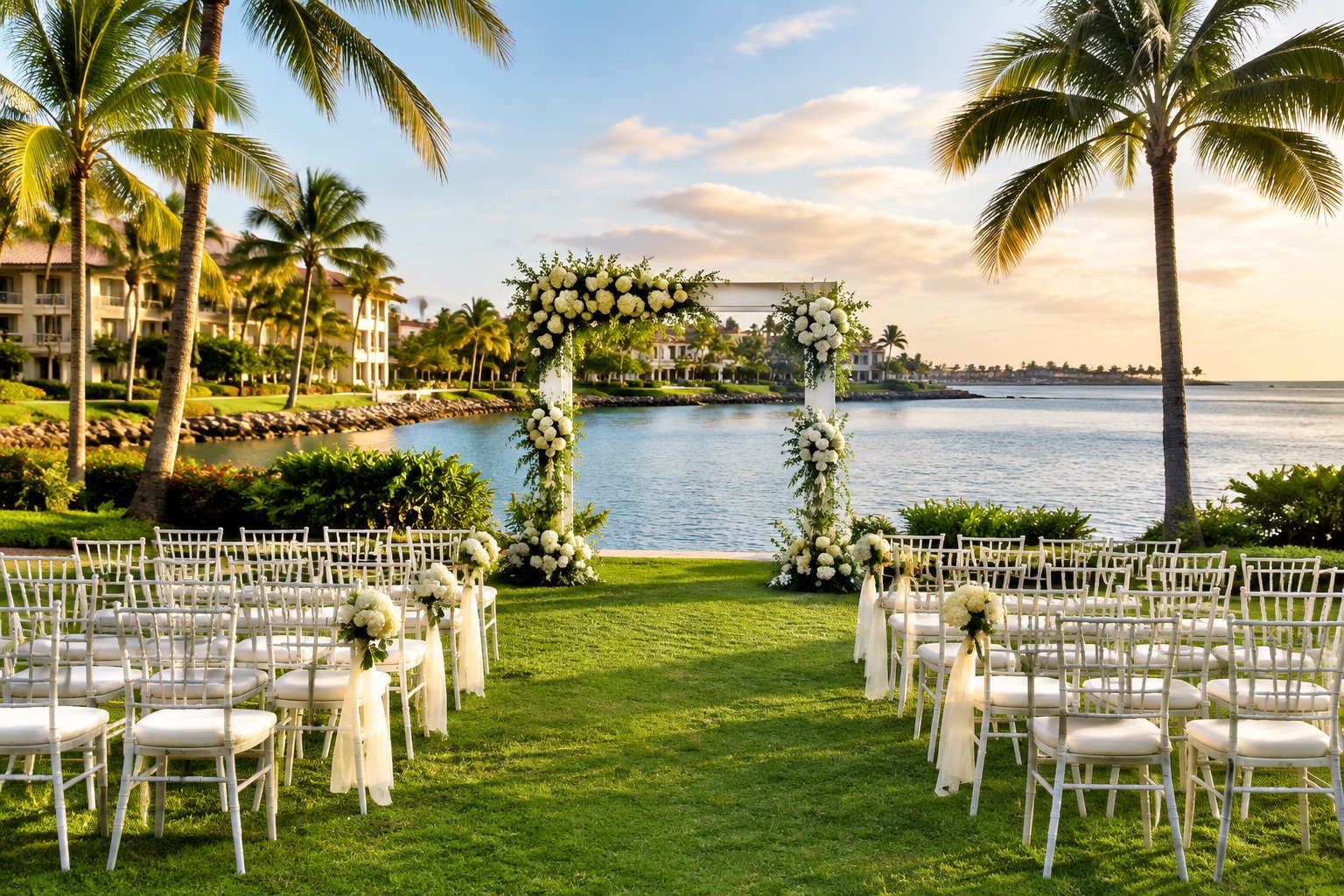 A wedding ceremony setup beside calm water at a palm-lined resort.