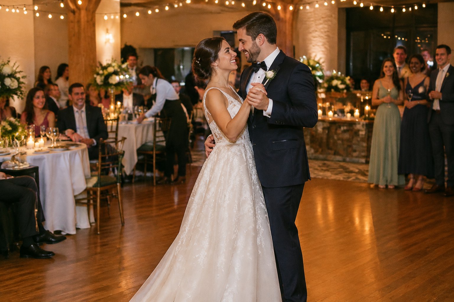 A newlywed couple dances while guests celebrate at their wedding reception.