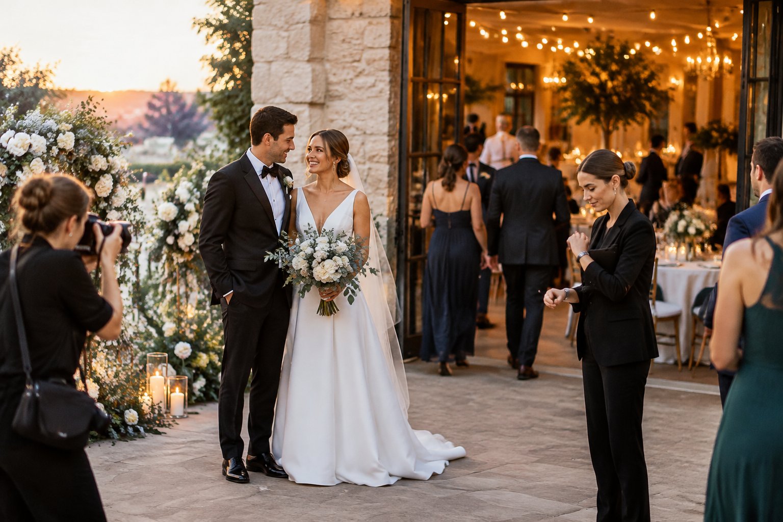 A newlywed couple poses for a photo as guests move from the ceremony toward the reception.