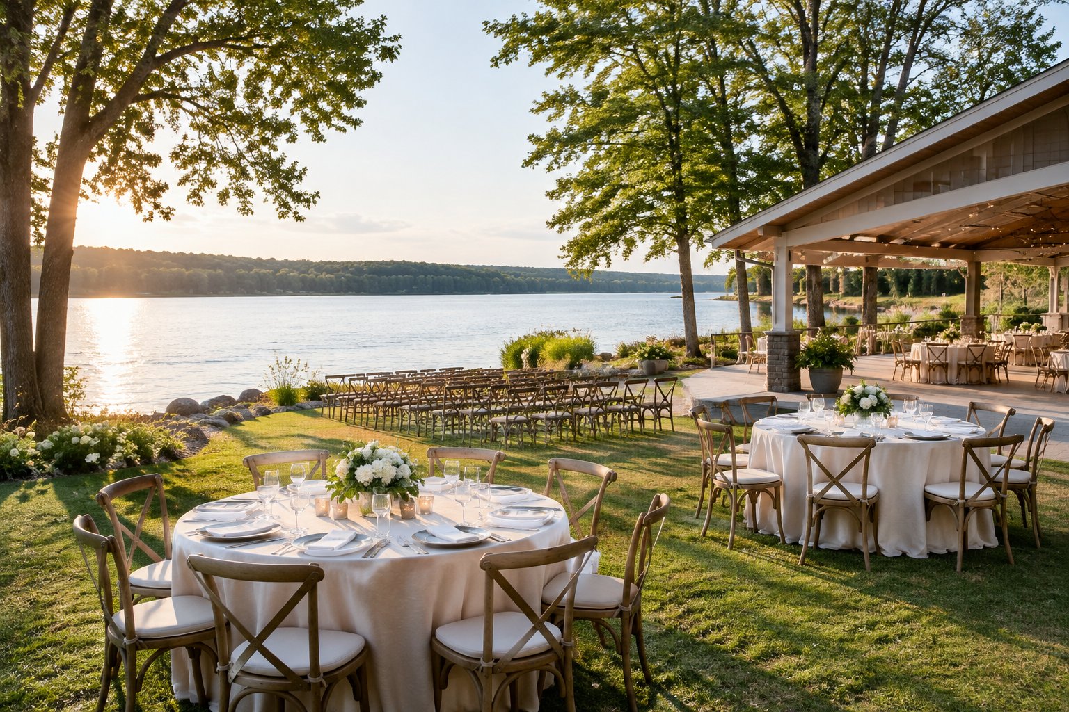 A wedding reception setup beside a lake, with tables near a pavilion and trees along the shore.