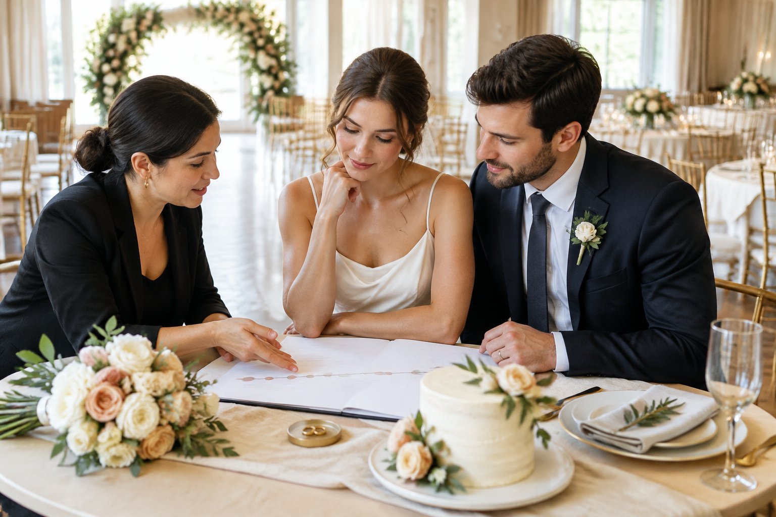 A wedding planner reviews plans with a couple at a reception venue.