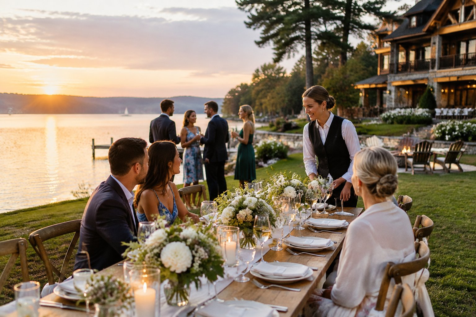 Guests gather for a wedding reception beside a lake near a lakeside inn.
