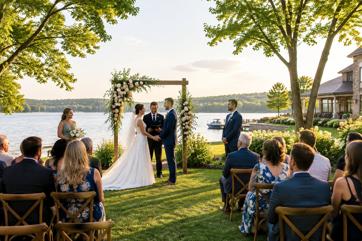 A couple celebrates their wedding with guests beside a lake.
