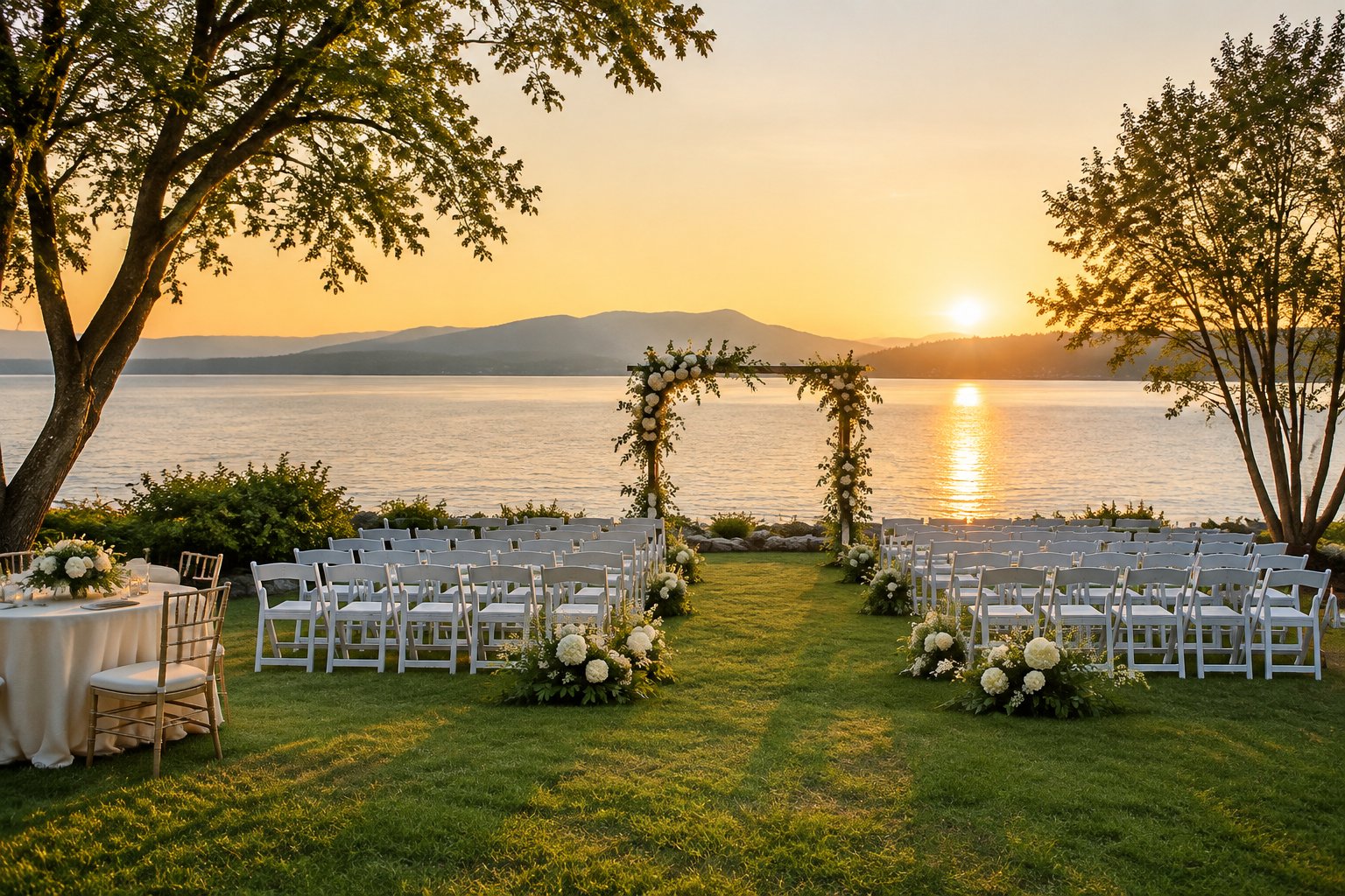 An outdoor wedding ceremony setup beside a calm lake.