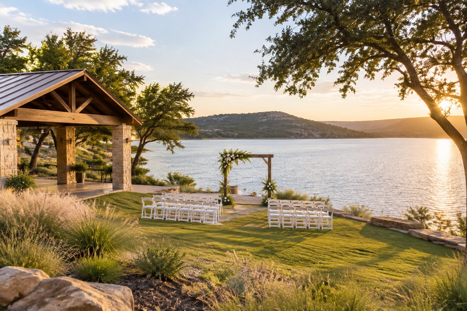 A wedding ceremony setup beside a calm lake.