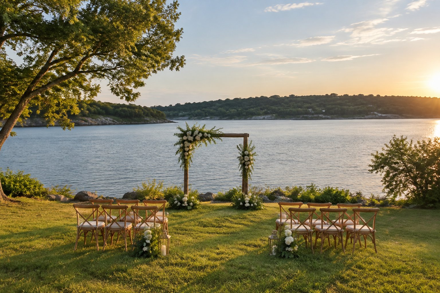 A small wedding ceremony setup beside a calm lake.