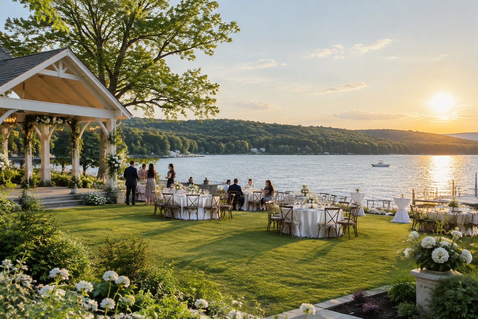 An outdoor wedding reception on a lawn beside a lake.