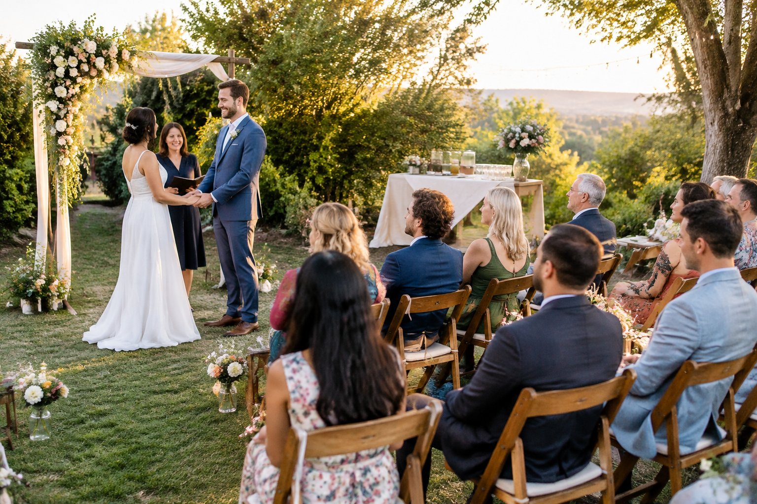 A couple celebrates their garden wedding with a small group of guests.