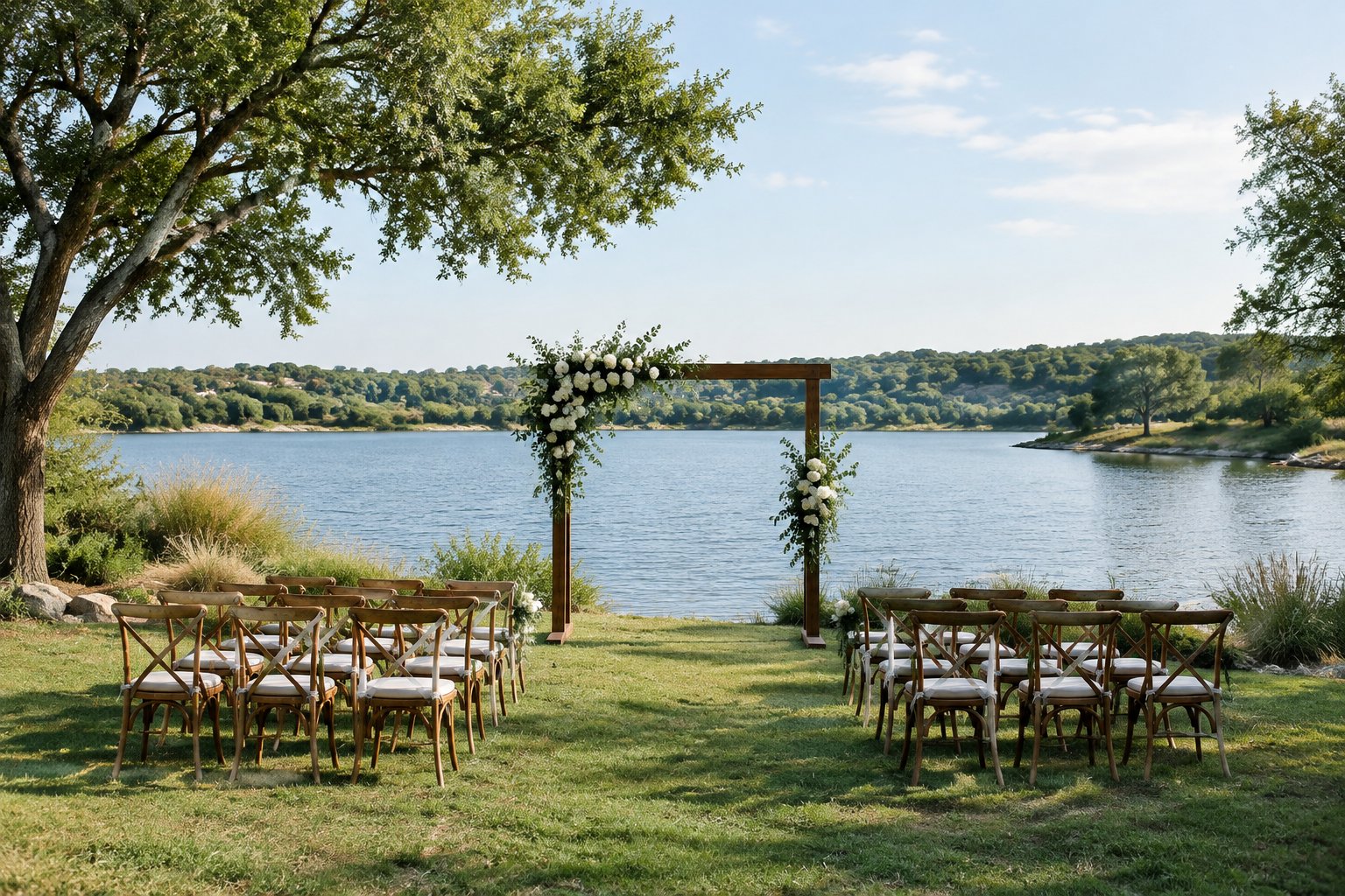 A wedding ceremony setup on a grassy lakeshore beside calm water.