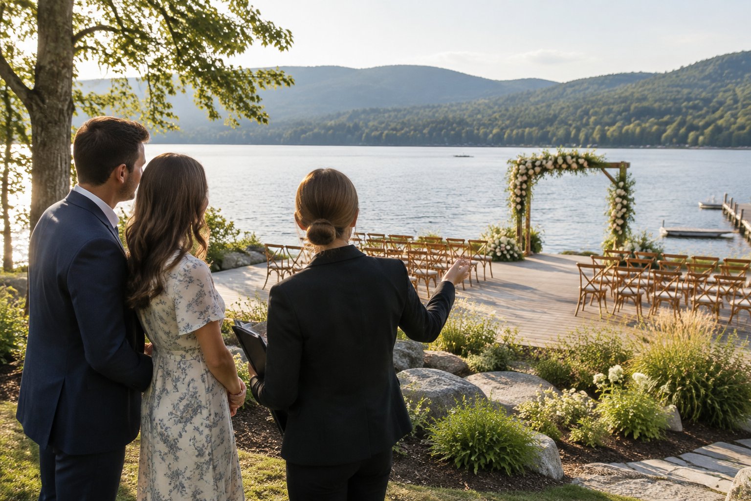 A couple and wedding planner view a lakeside ceremony venue with chairs and a floral arch.