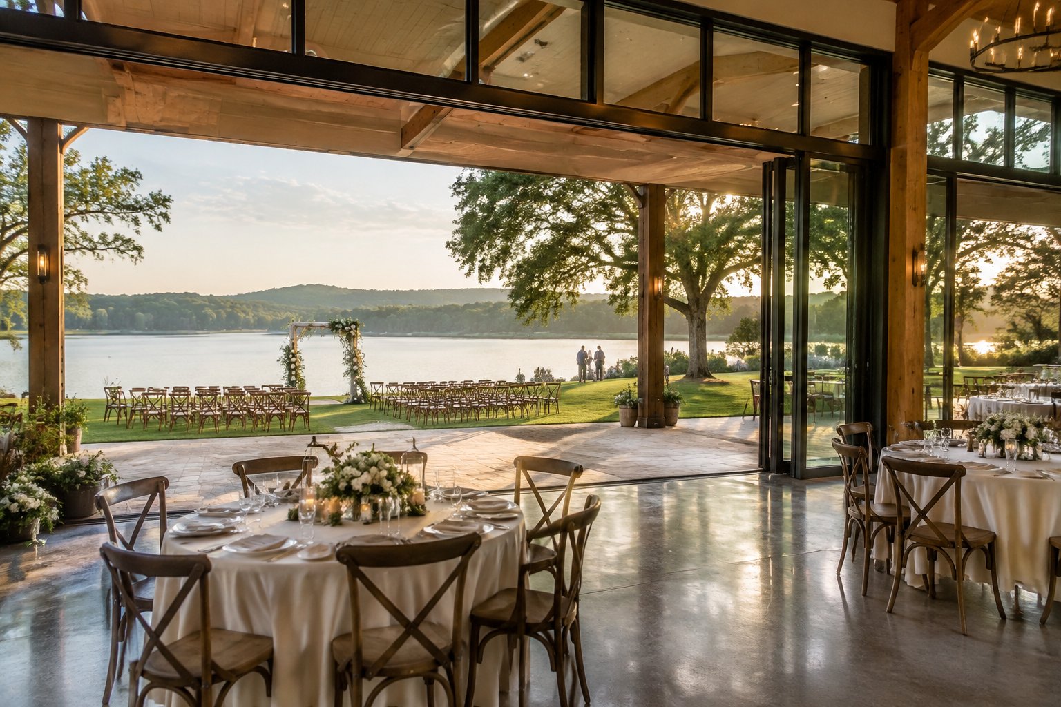 A wedding reception hall opens onto a lakeside patio and lawn.
