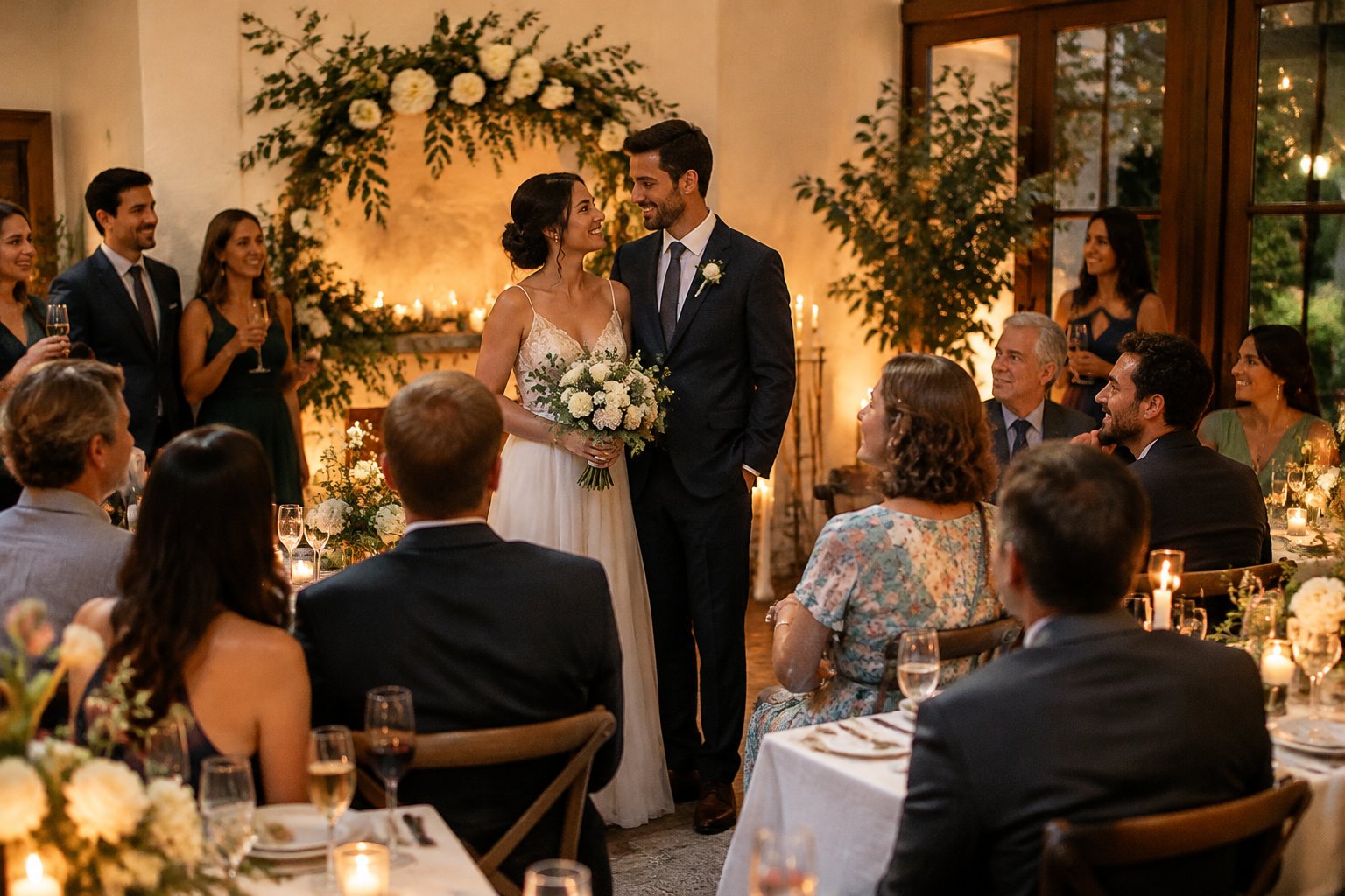 A couple celebrates their wedding with a small group of guests in an intimate reception space.