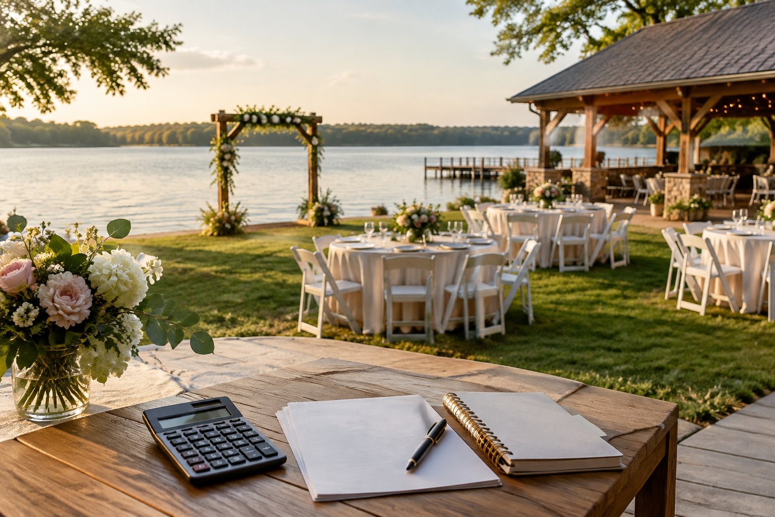 A wedding reception setup beside a calm lake, with tables, flowers, and a calculator on a nearby table.
