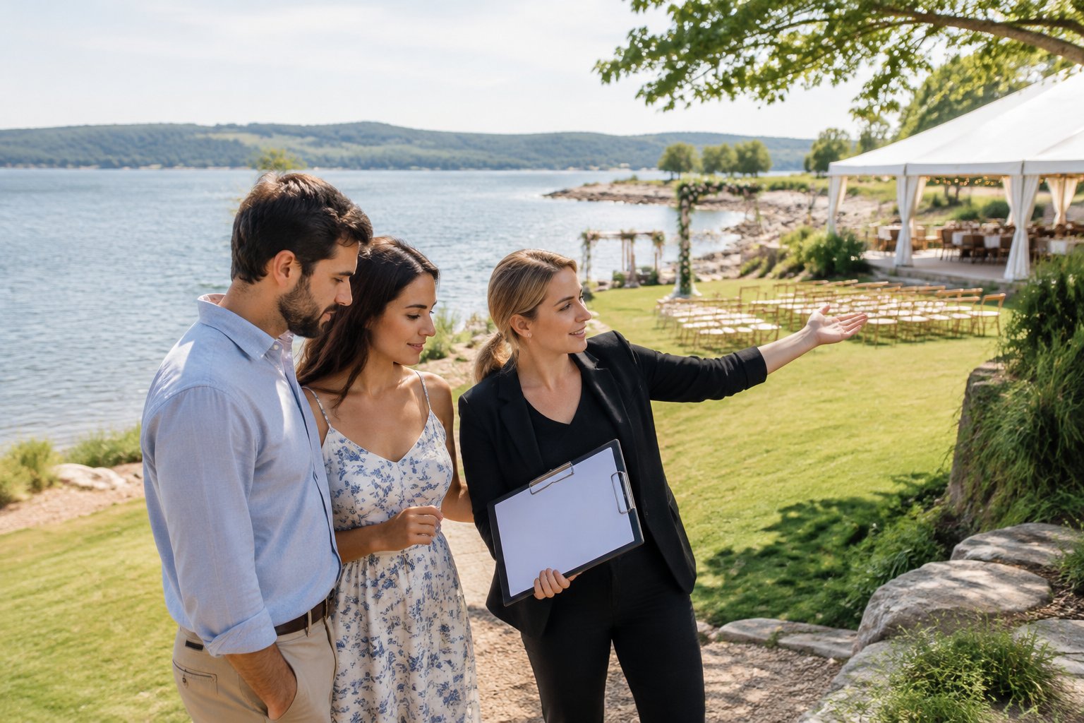 An engaged couple discusses a lakeside wedding venue with a coordinator.