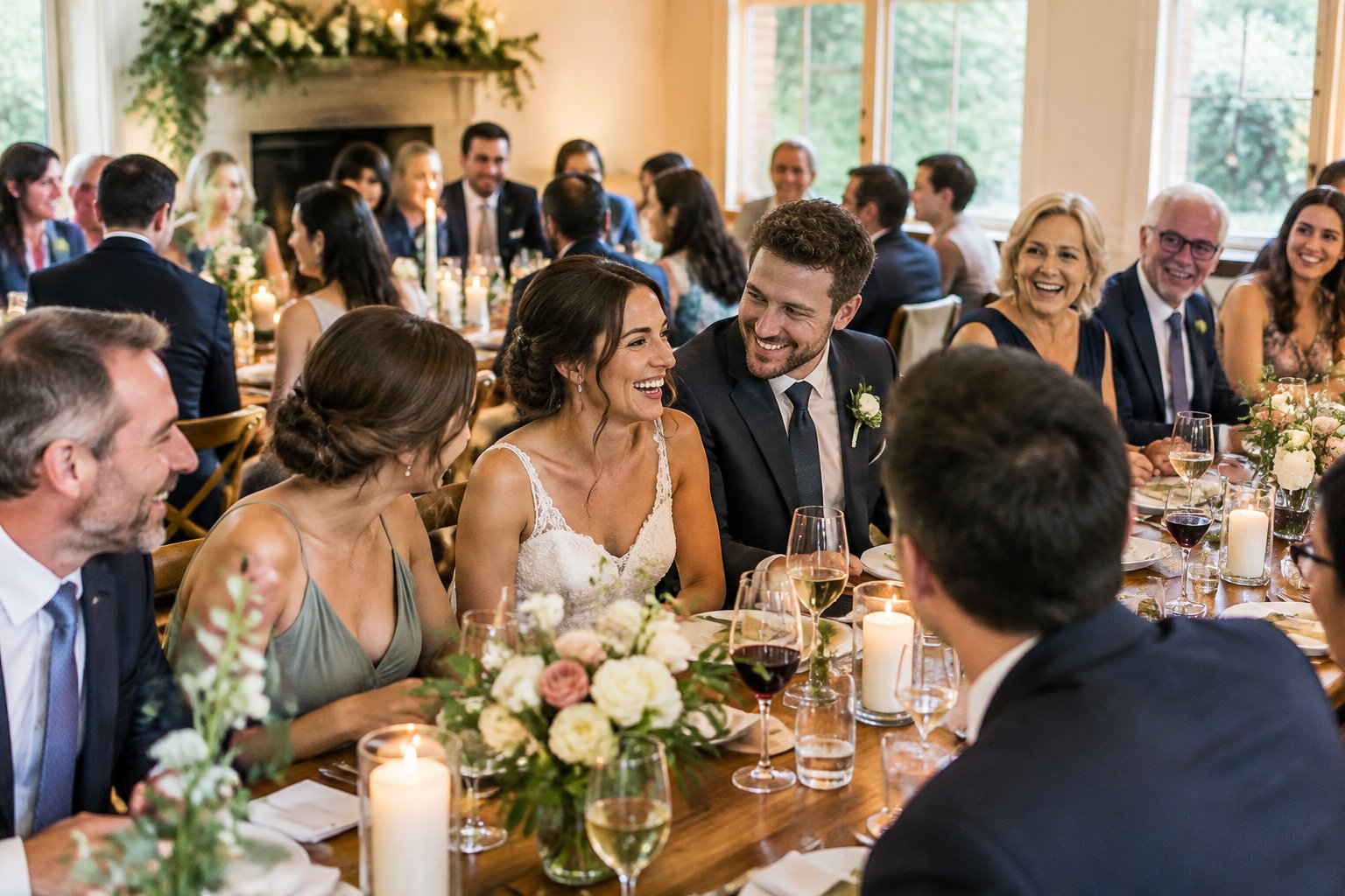 A newly married couple celebrates with guests at an intimate reception.