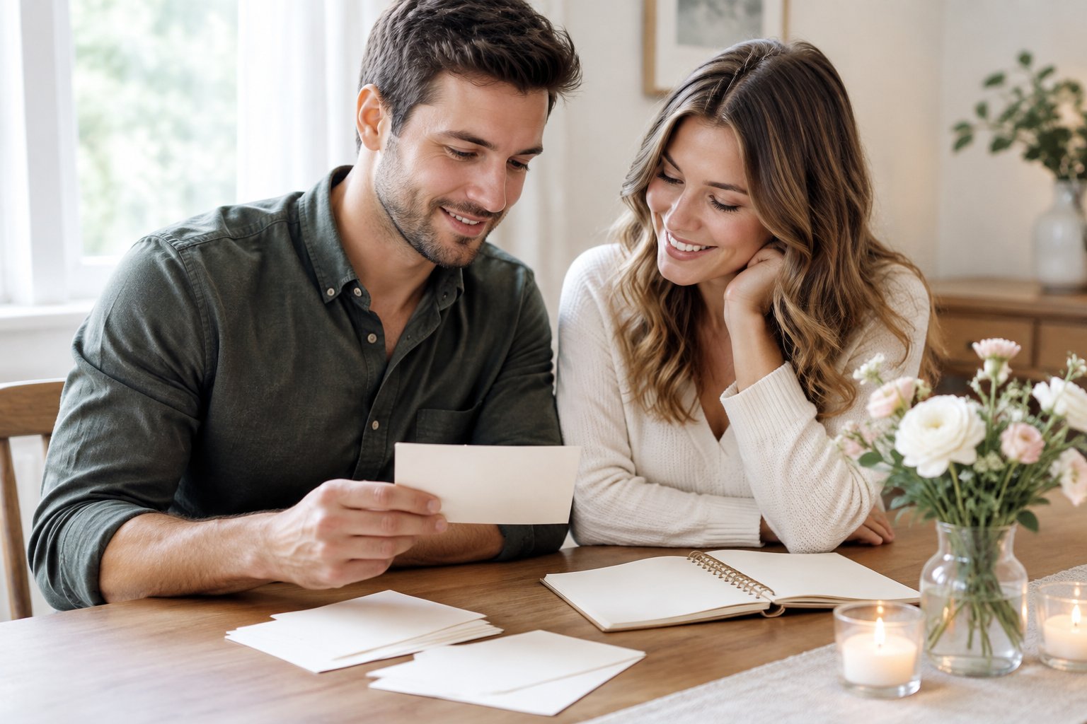A couple reviews wedding invitations and a guest list together at a table.