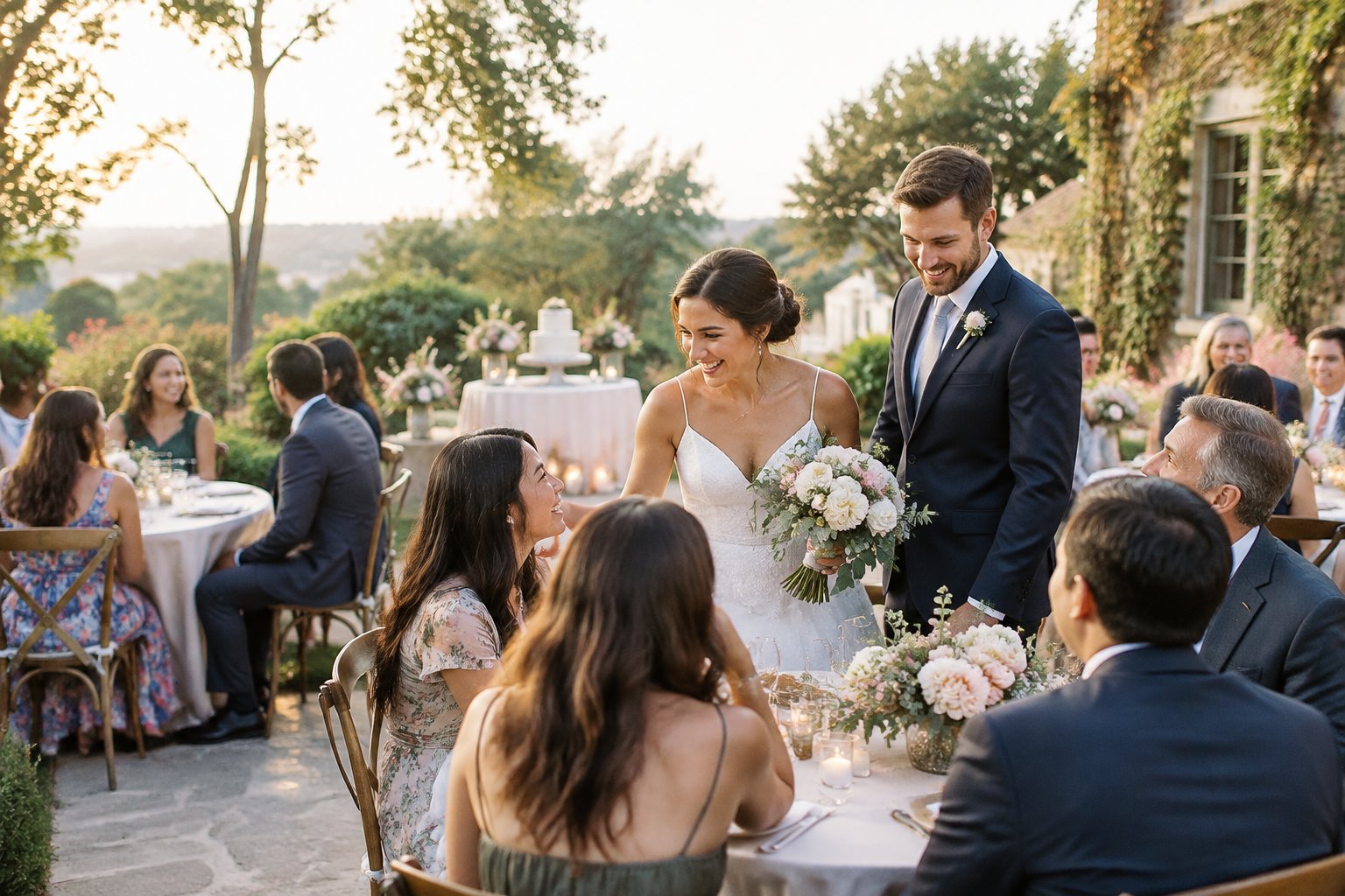 A couple celebrates with guests at an intimate garden wedding reception.