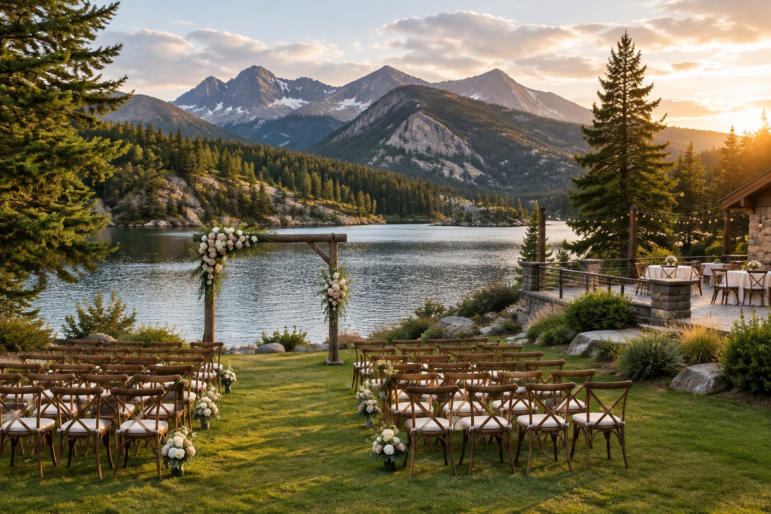 A wedding ceremony setup beside a mountain lake.