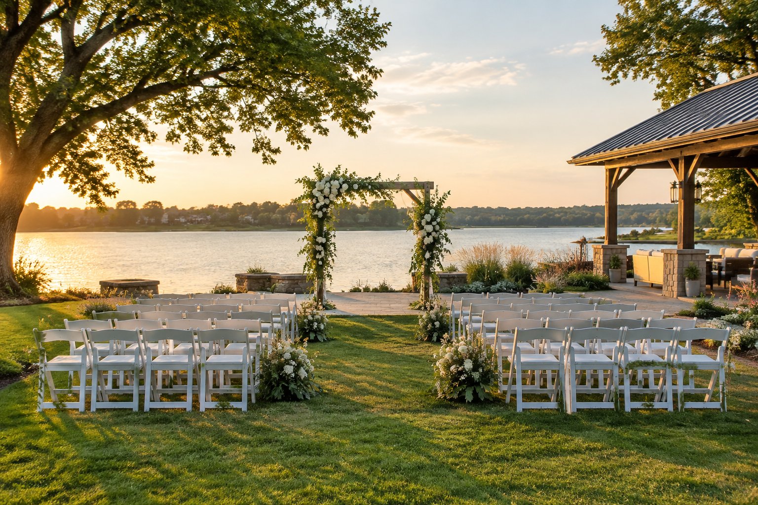 A wedding ceremony setup beside a calm lake.